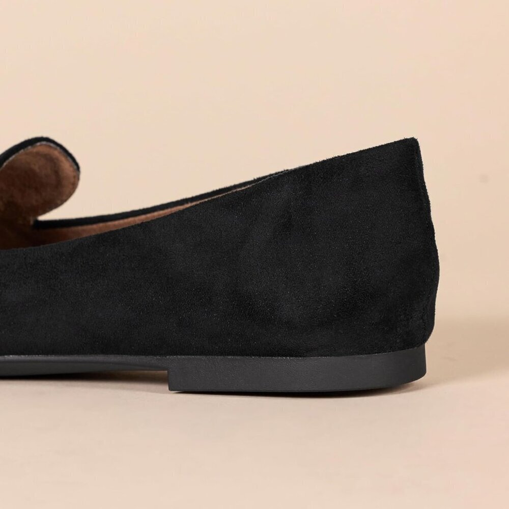 Womens Black Faux Leather Closed Pointed Toe Low Wedge Heels Loafer Flat Shoes - Picture 5 of 6
